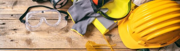 Construction safety. Protective hard hat, headphones, gloves and glasses on wooden background, copy space, top view
