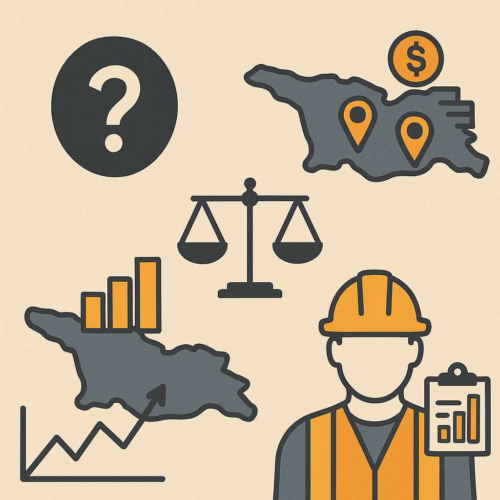 Flat დიზაინის ილუსტრაცია, რომელიც აჩვენებს შრომის უსაფრთხოებასთან, ფინანსებთან და ბიუჯეტის მართვასთან დაკავშირებულ სიმბოლოებს. ფული, ბალანსის სასწორი, სტატისტიკური გრაფიკები და უსაფრთხოების ჩაფხუტიანი მუშაკი